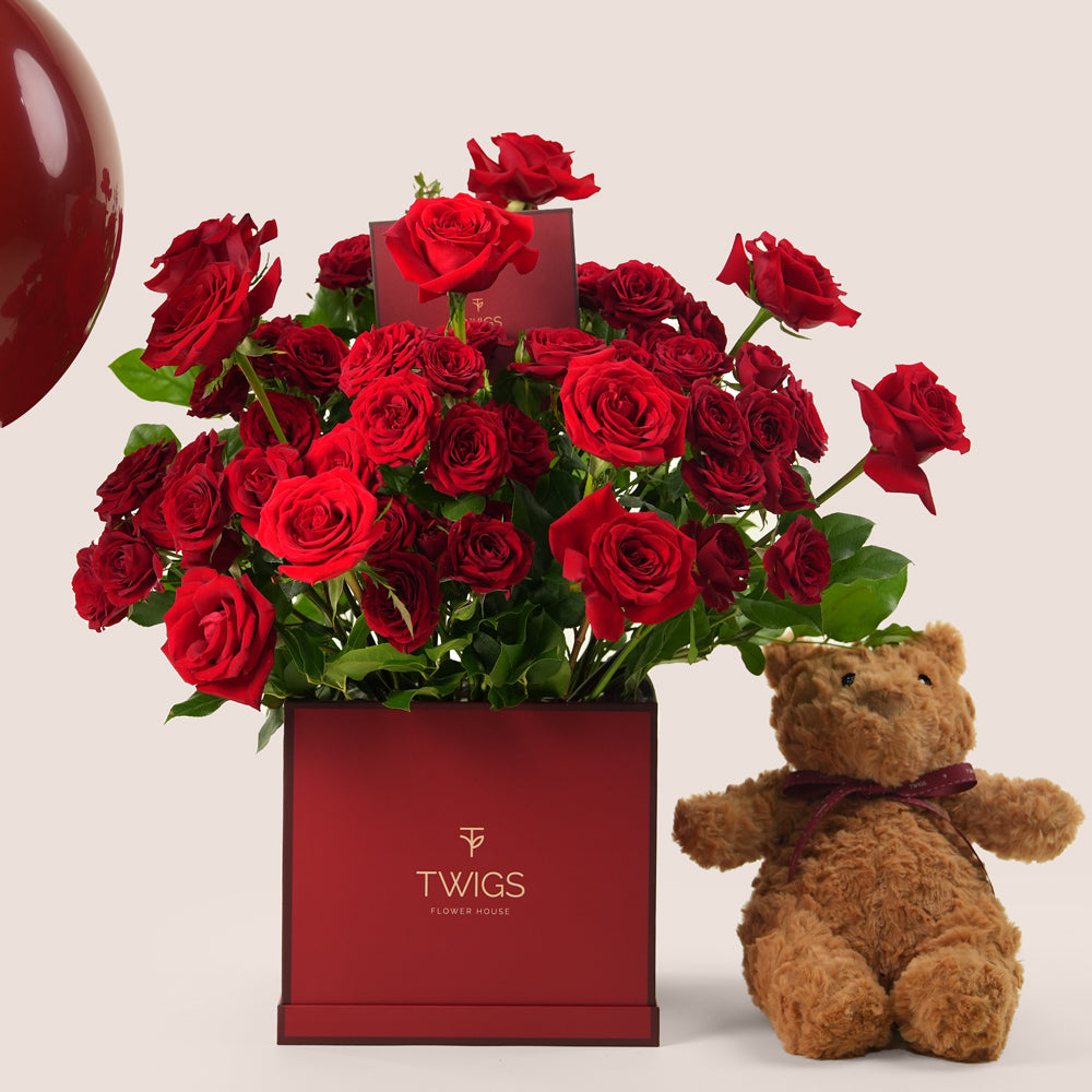 premium valentine gift set flowers teddy bear balloons twigs flower house