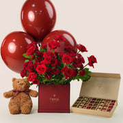 Grand Romance Square Rose Box Bundle – Red Roses, Chocolates, Teddy & Balloons UAE