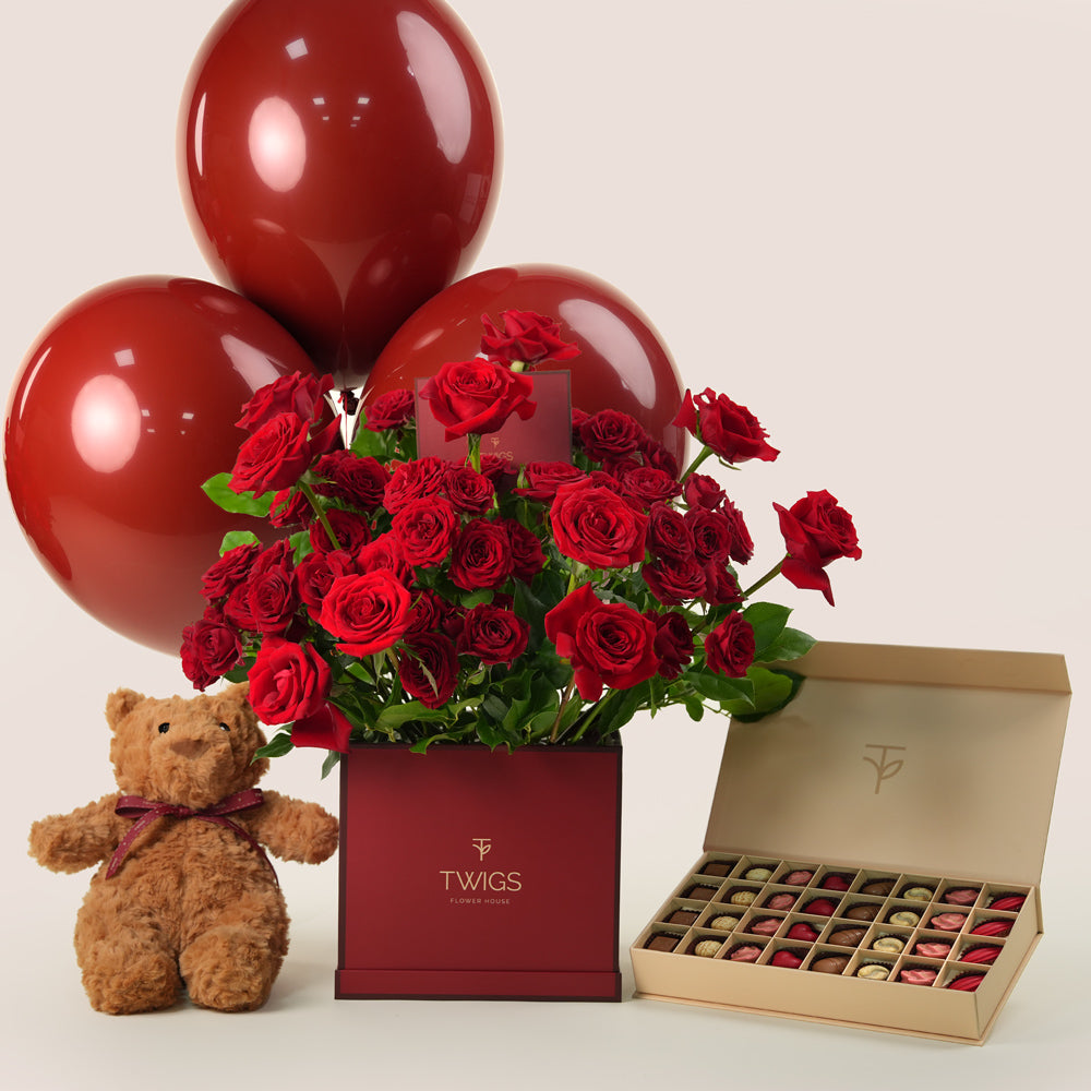 Grand Romance Square Rose Box Bundle – Red Roses, Chocolates, Teddy & Balloons UAE
