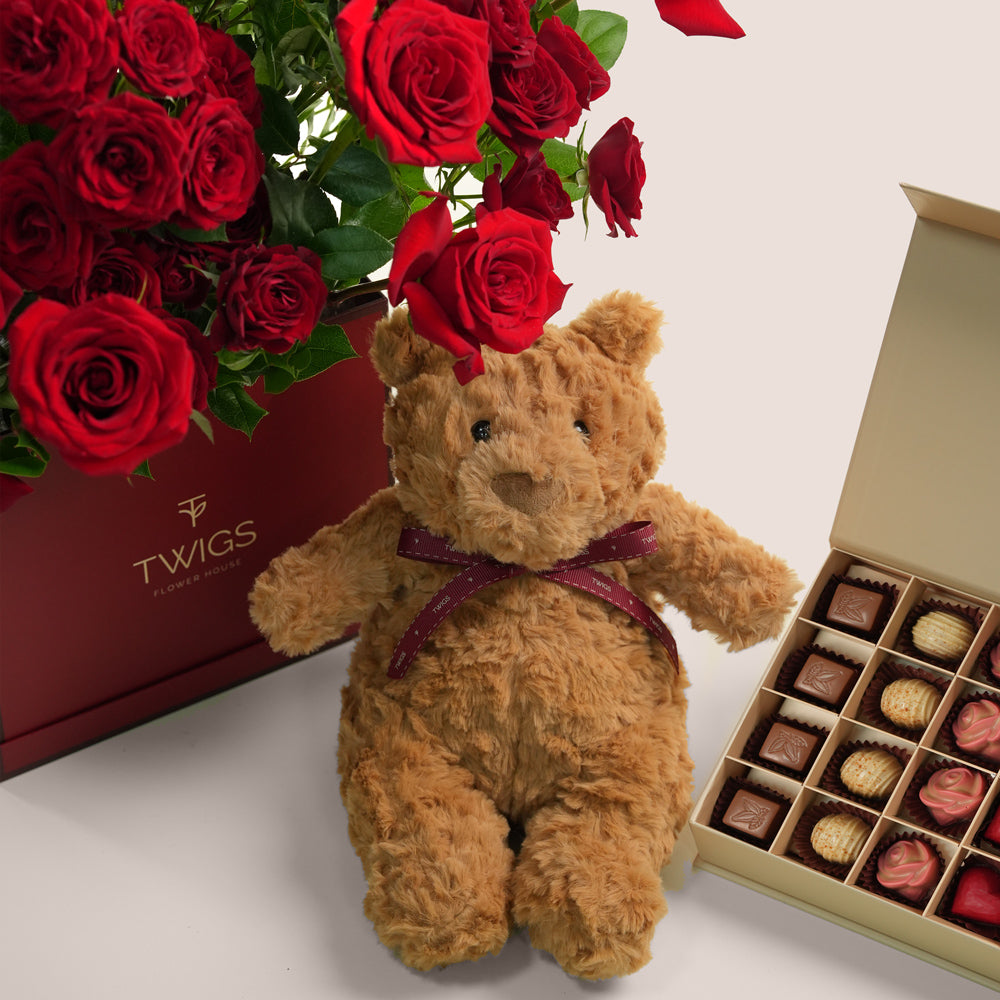 luxury valentine flower bundle with red roses chocolates teddy and balloons uae