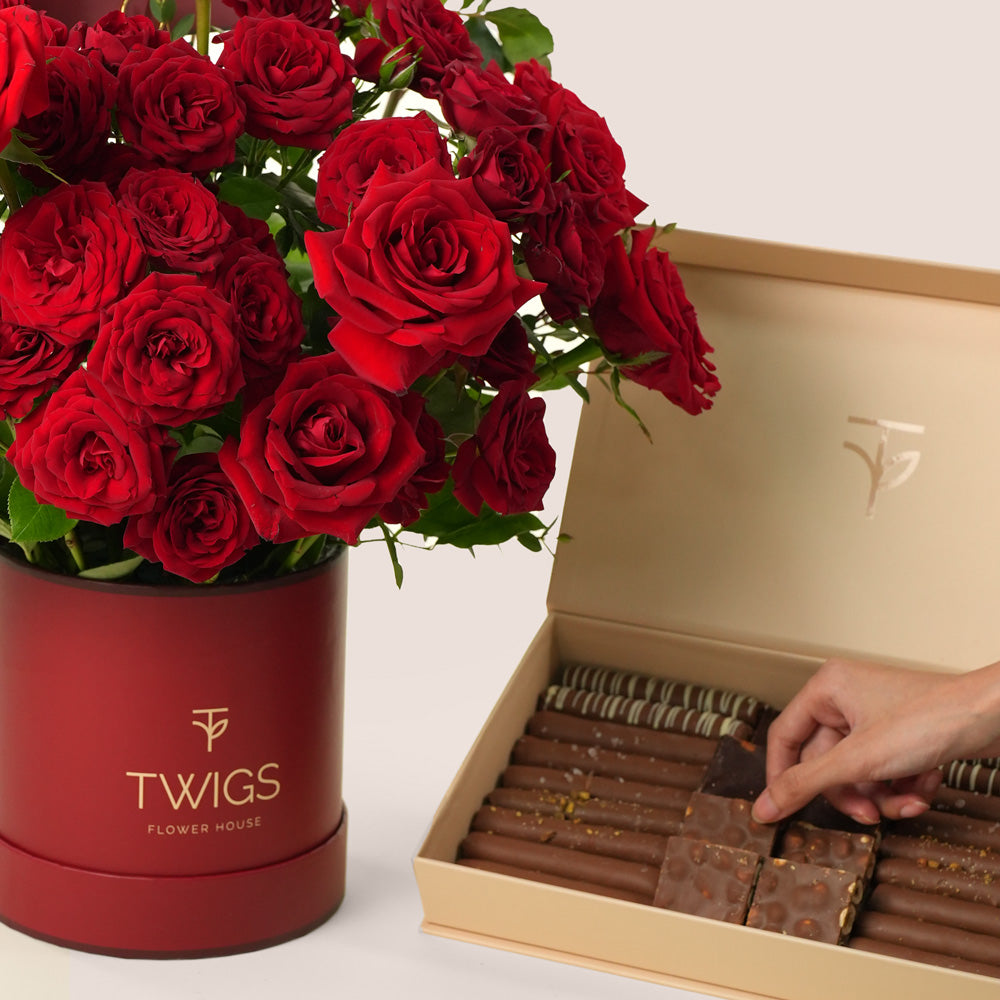 Luxury Red Roses with Premium Chocolate Box – Valentine’s Day Flower Delivery in UAE