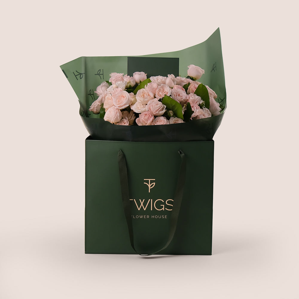 Bombastic Spray Roses Hand-Tied Flower Bouquet – Soft Elegance in Our Signature TWIGS Bag