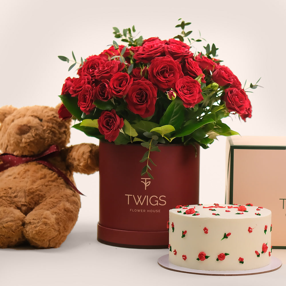 عناق الحب – ورود حمراء مع دمية وكيك عيد الحب – مفاجأة رومانسية