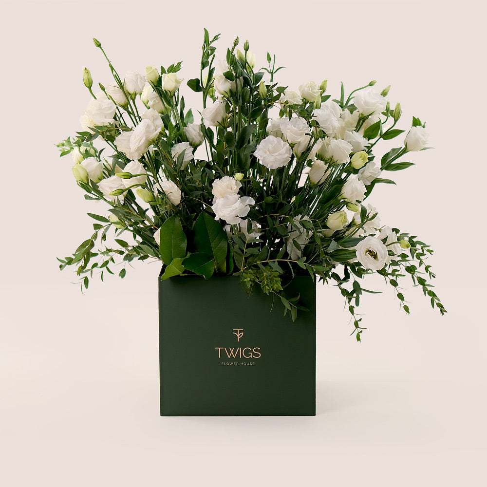 Pure Essence – White Lisianthus in TWIGS Signature Box - A Sophisticated Display of Elegance