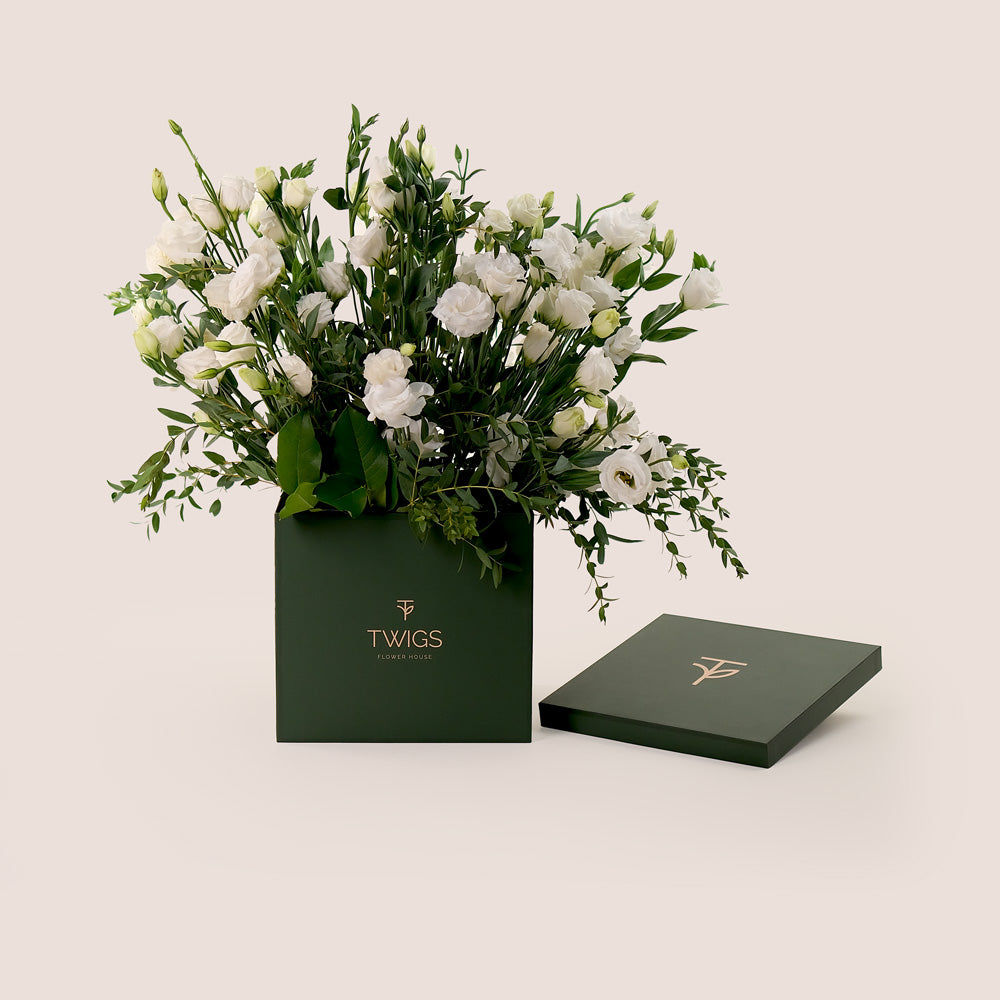 Pure Essence – White Lisianthus in TWIGS Signature Box - A Sophisticated Display of Elegance