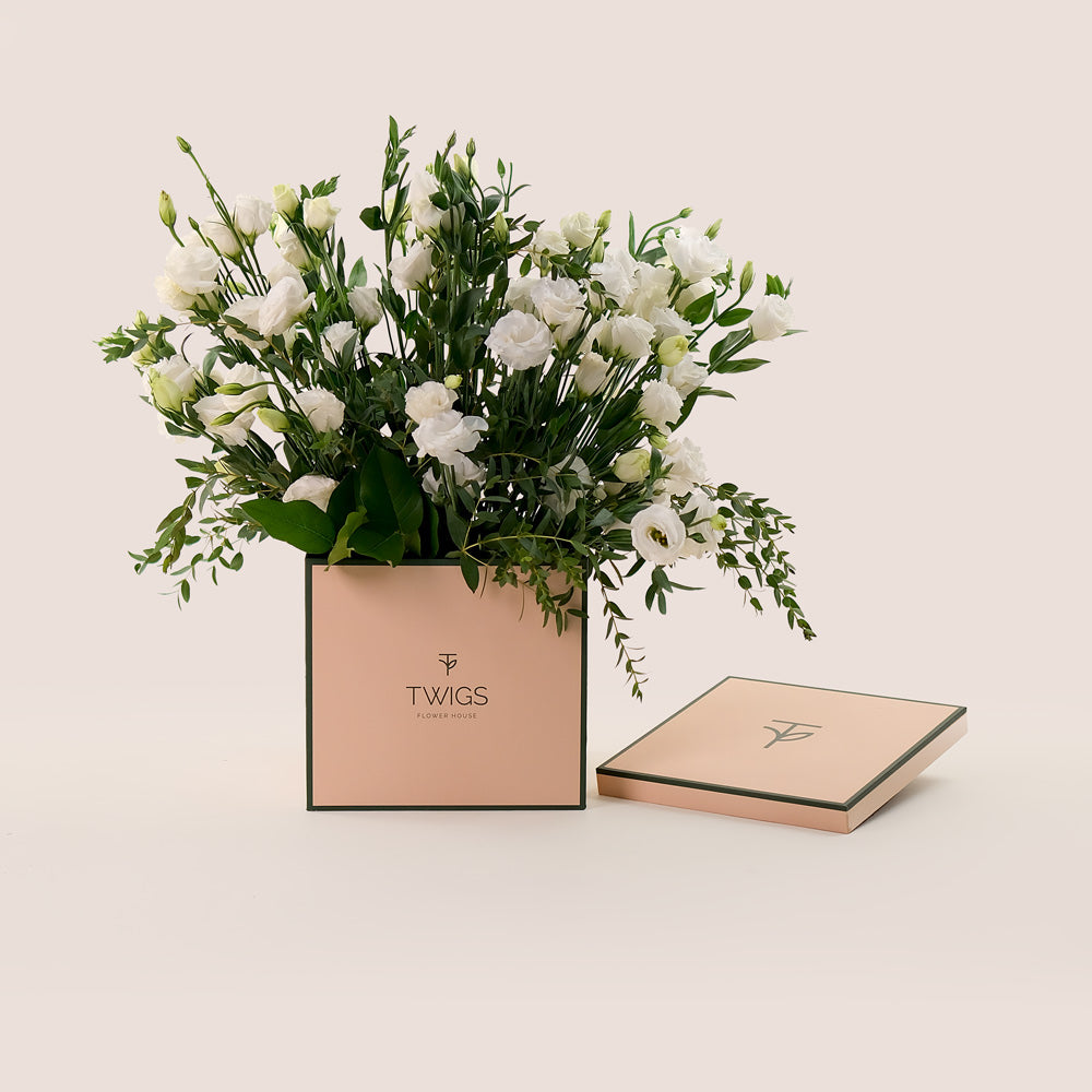 Pure Essence – White Lisianthus in TWIGS Signature Box - A Sophisticated Display of Elegance