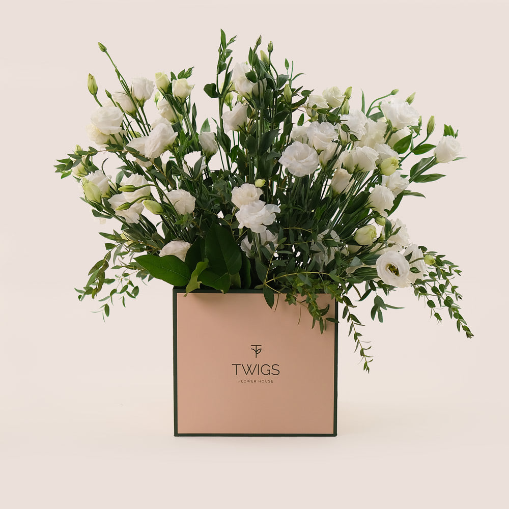 White Flower Box Arrangement Lisianthus by TWIGS Flowers