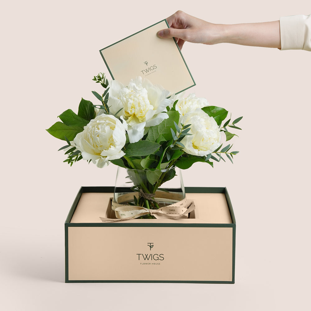 Noor - Ivory White Peonies & Premium Stuffed Dates Gift Set by TWIGS