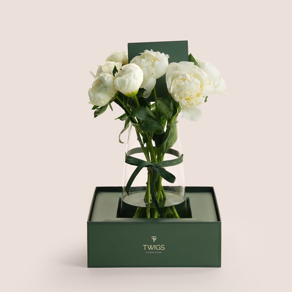 Noor نور White Peony Vase Arrangement · Tall Glass Vase