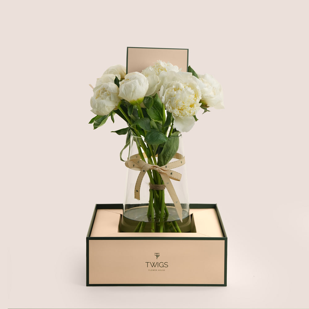 Noor نور White Peony Vase Arrangement · Tall Glass Vase