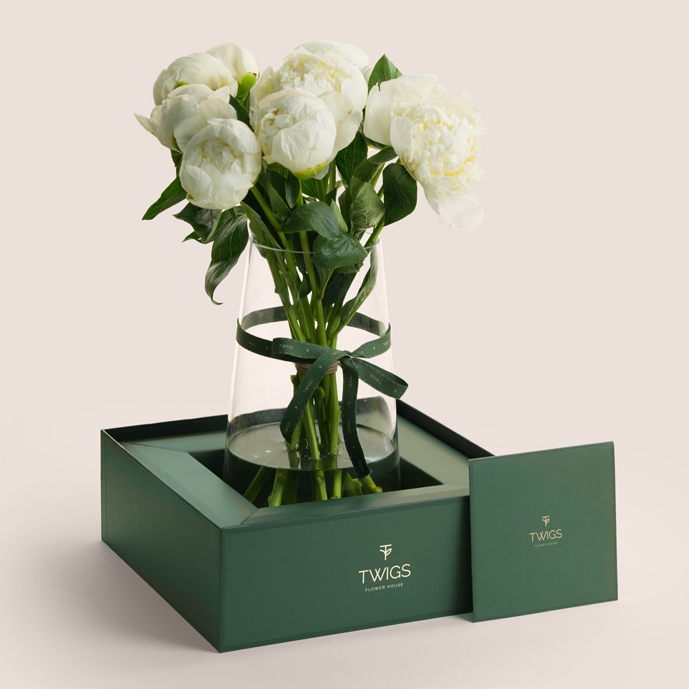 Premium white peonies in glass vase with nude ribbon in TWIGS beige box — same-day Hajj Mubarak flowers UAE