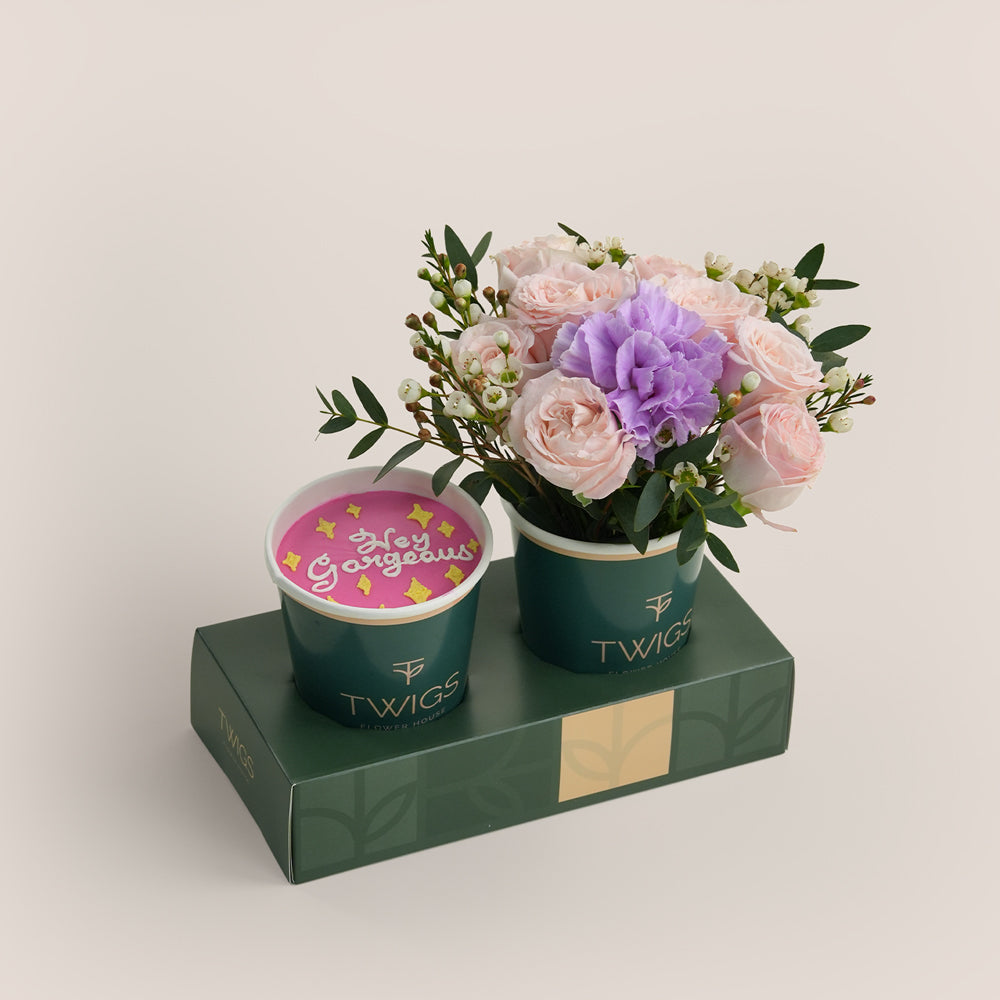 Women’s Day flower cup and cake cup gift set by TWIGS with fresh flowers and pink celebration cake