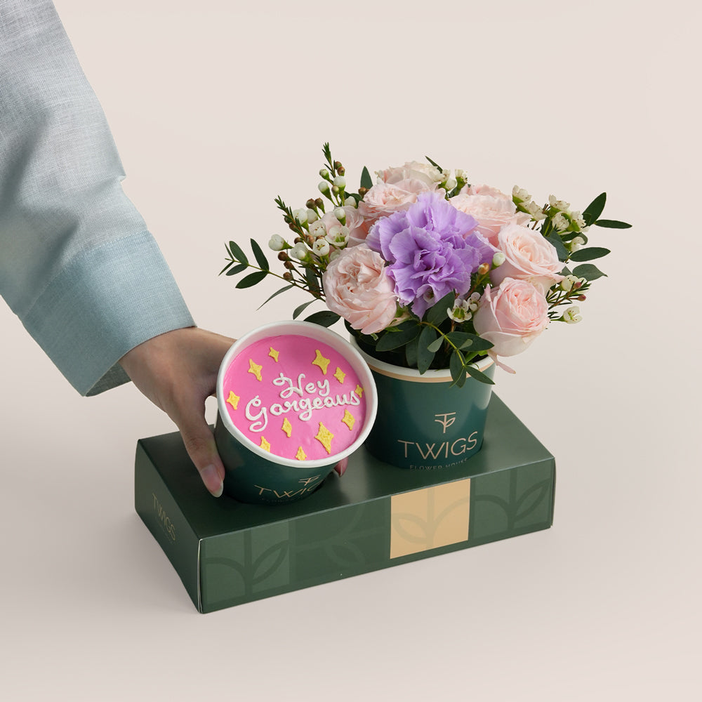 Women’s Day flower cup and cake cup gift set by TWIGS with fresh flowers and pink celebration cake
