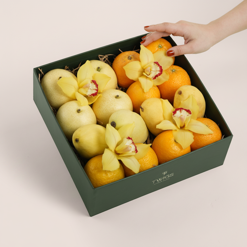 
TWIGS Citrus Box with fresh oranges, yellow mangoes, pears and yellow cymbidium orchids in a dark green gift box, Dubai UAE