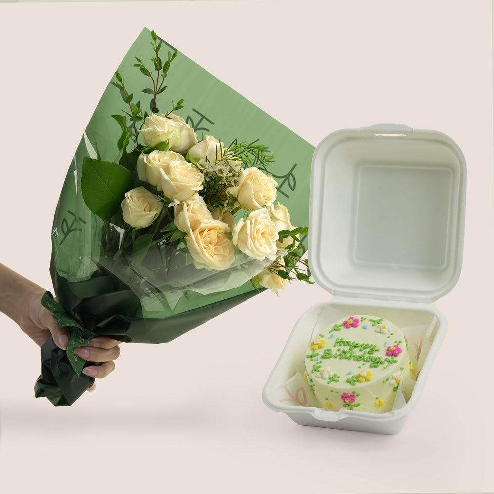 Cream rose mini bouquet with yellow chocolate birthday bento cake — same-day birthday delivery Dubai