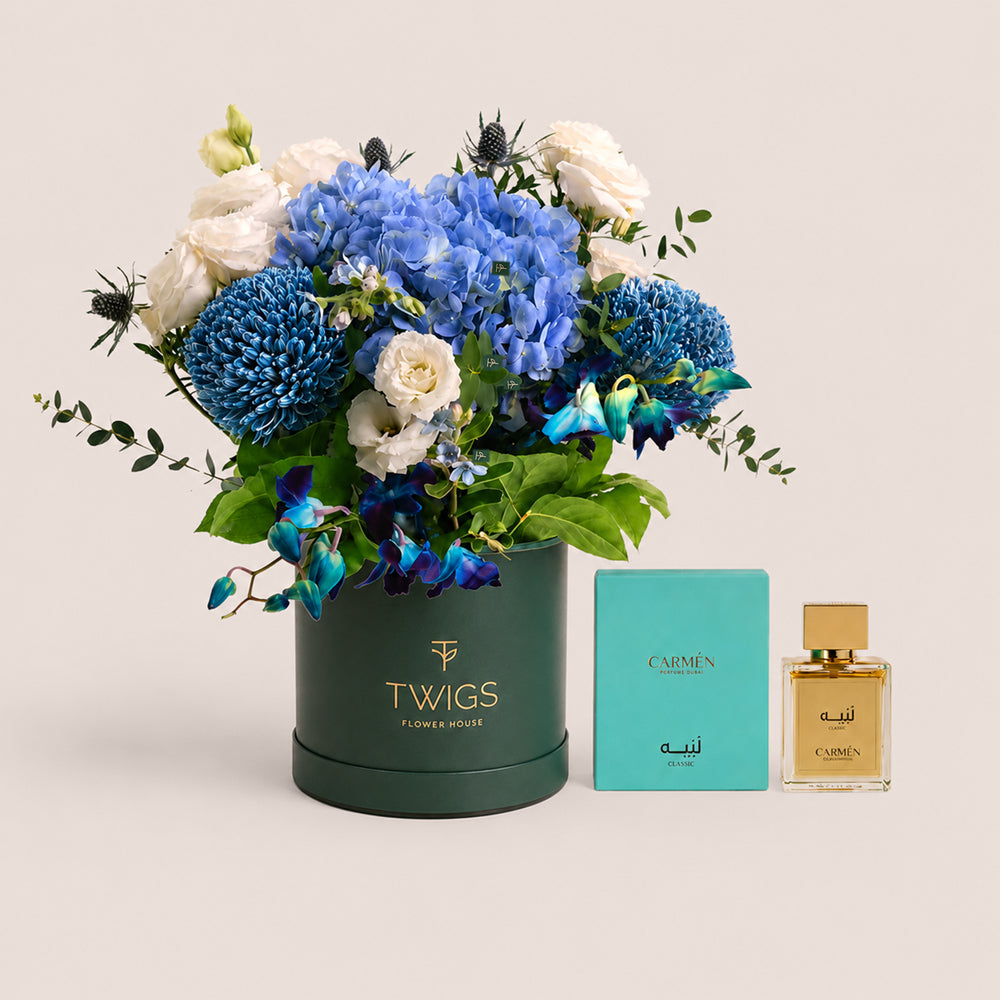 Luxe Blue Flower Arrangement | Gift For Him UAE + Labaih Perfume by Carmen