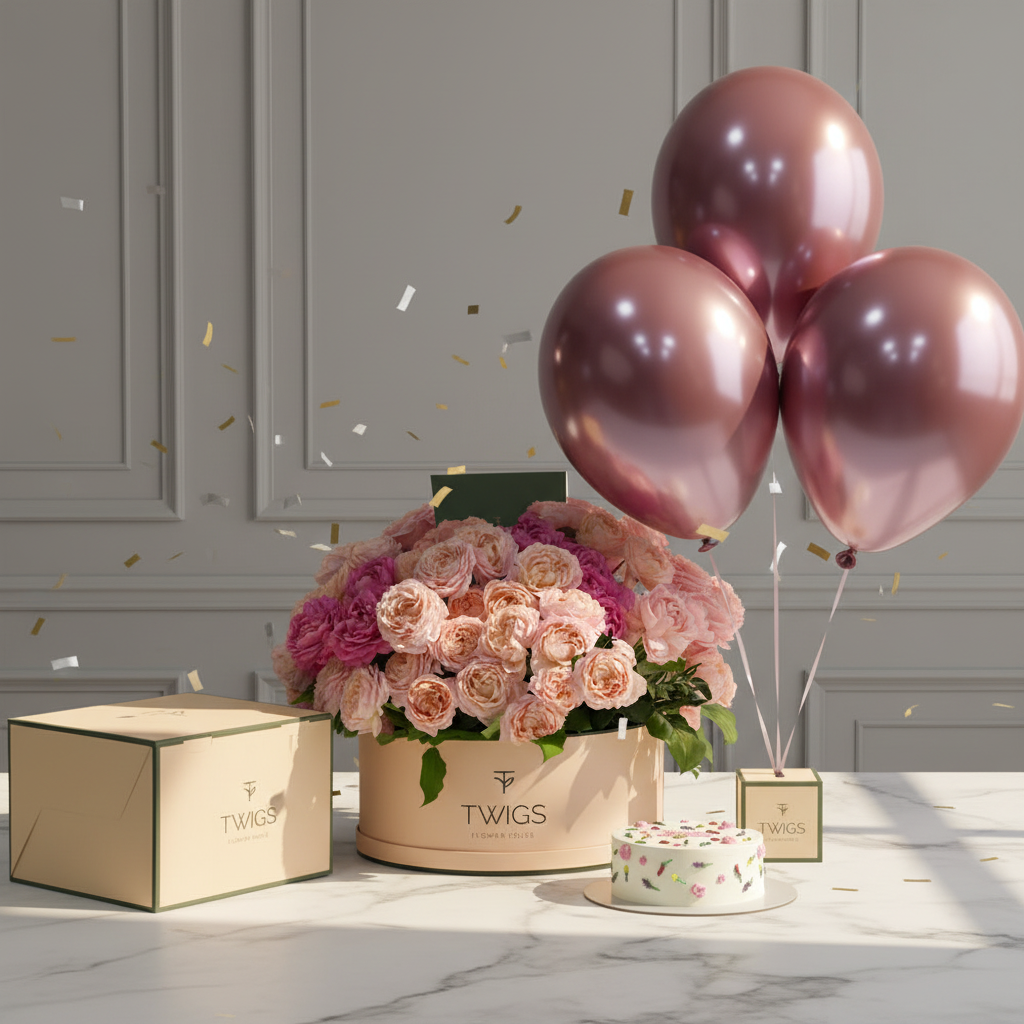 Blush Affair – Peach Juliet Birthday Grande Box Bundle Scene
