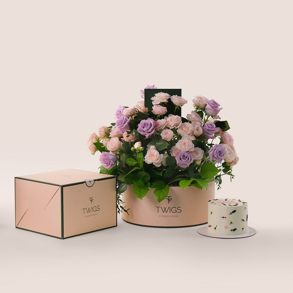 Birthday Perfection Grande Round Box – Lavender Roses & Floral Cake Bundle – A Luxurious Celebration of Flowers and Flavor