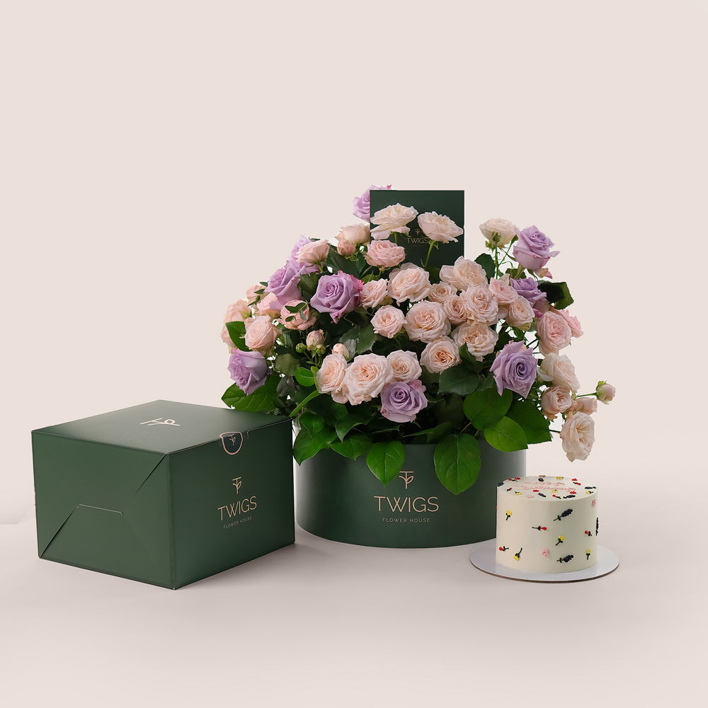 Birthday Perfection Grande Round Box – Lavender Roses & Floral Cake Bundle – A Luxurious Celebration of Flowers and Flavor