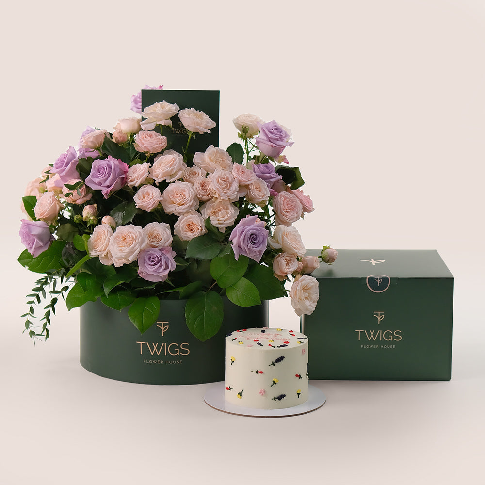 Birthday Perfection Grande Round Box – Lavender Roses & Floral Cake Bundle – A Luxurious Celebration of Flowers and Flavor