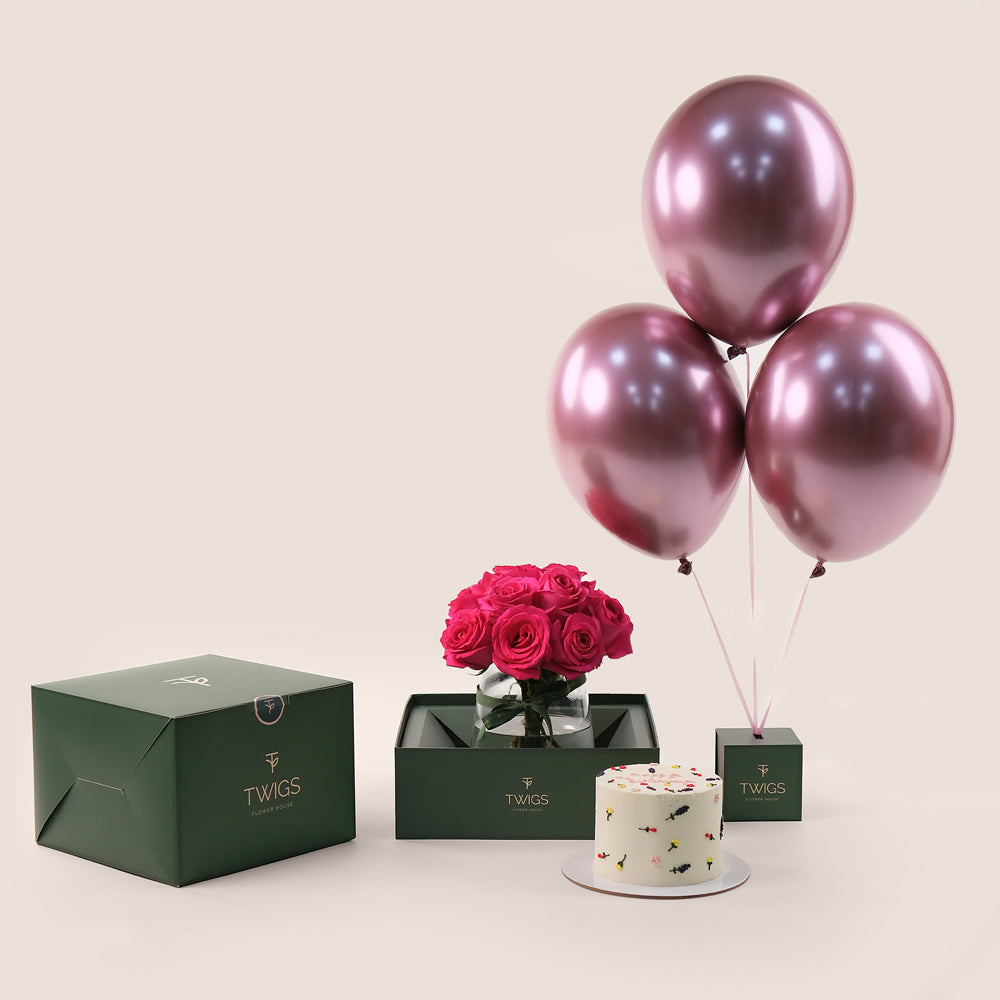 Fuchsia Celebration Bundle – Roses, Cake & Balloons – The Most Luxurious Birthday Experience