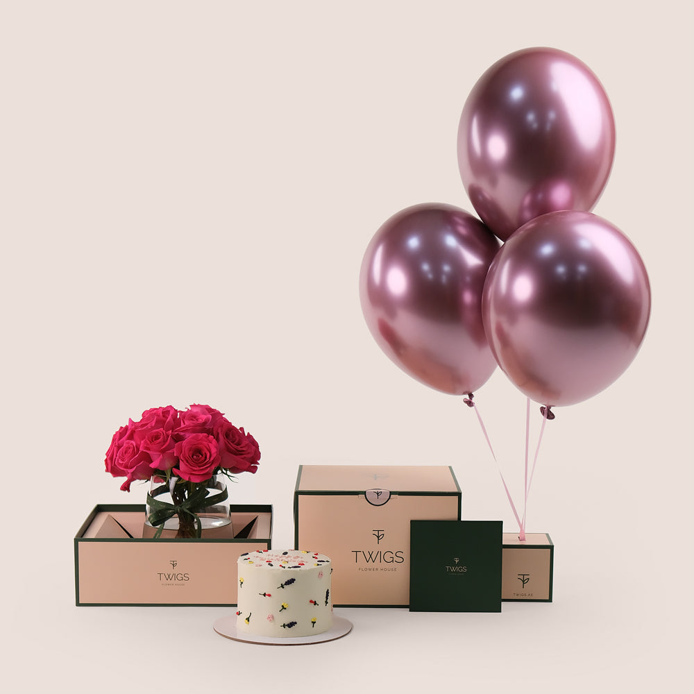 Fuchsia Celebration Bundle – Roses, Cake & Balloons – The Most Luxurious Birthday Experience