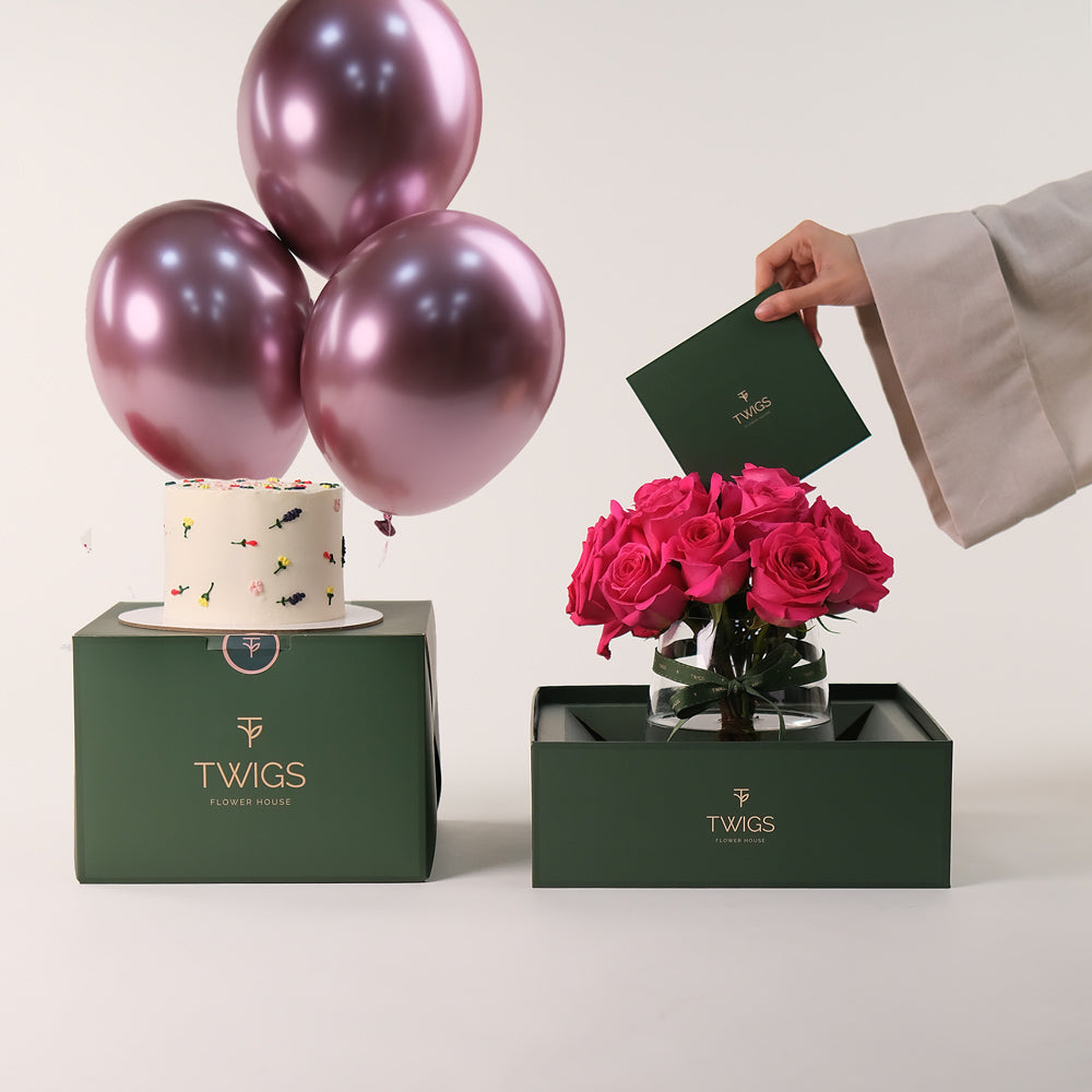 Fuchsia Celebration Bundle – Roses, Cake & Balloons – The Most Luxurious Birthday Experience