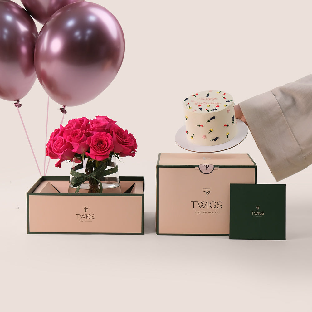 Fuchsia Celebration Bundle – Roses, Cake & Balloons – The Most Luxurious Birthday Experience