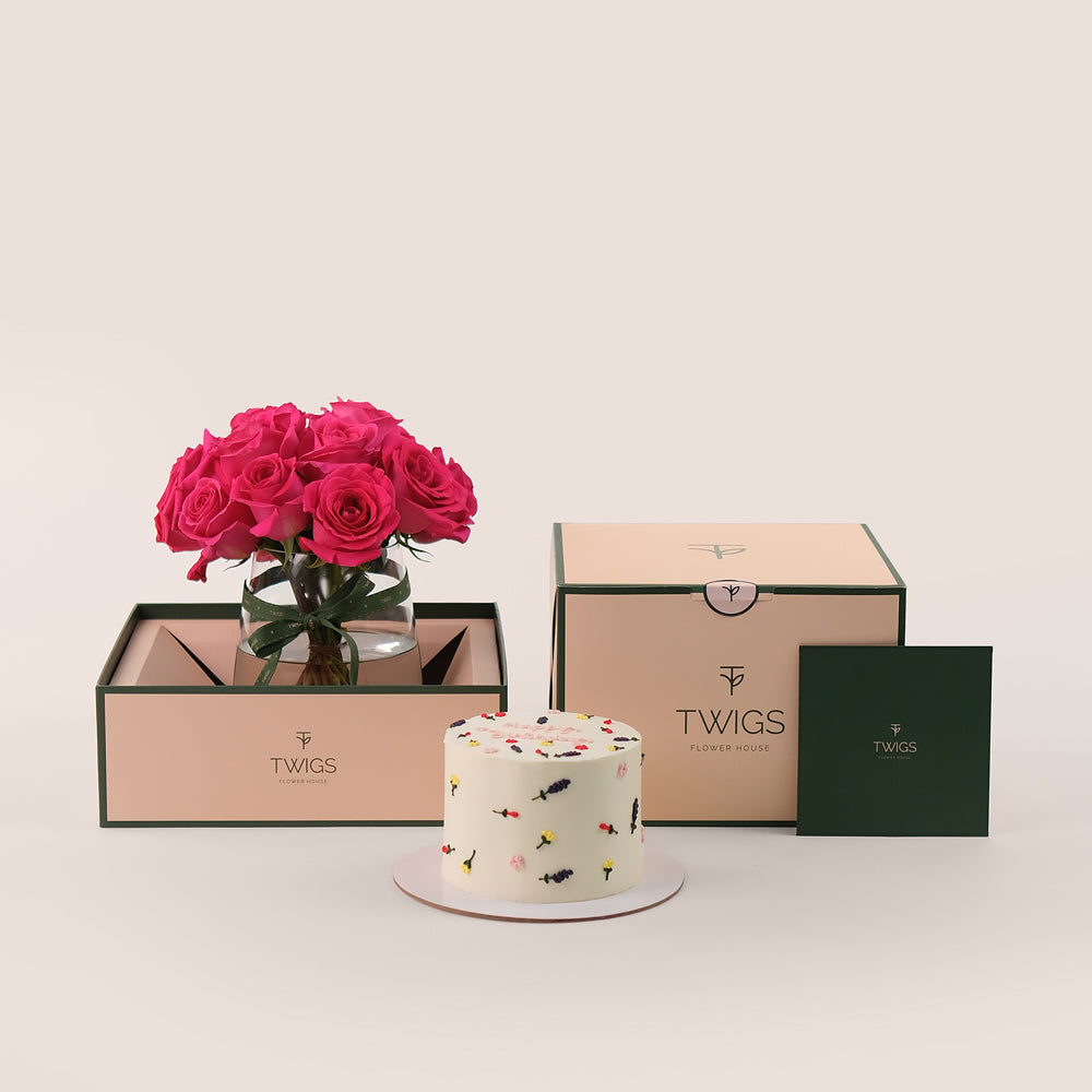 Fuchsia Elegance Birthday Bundle – Roses & Cake– A Luxurious Full Experience