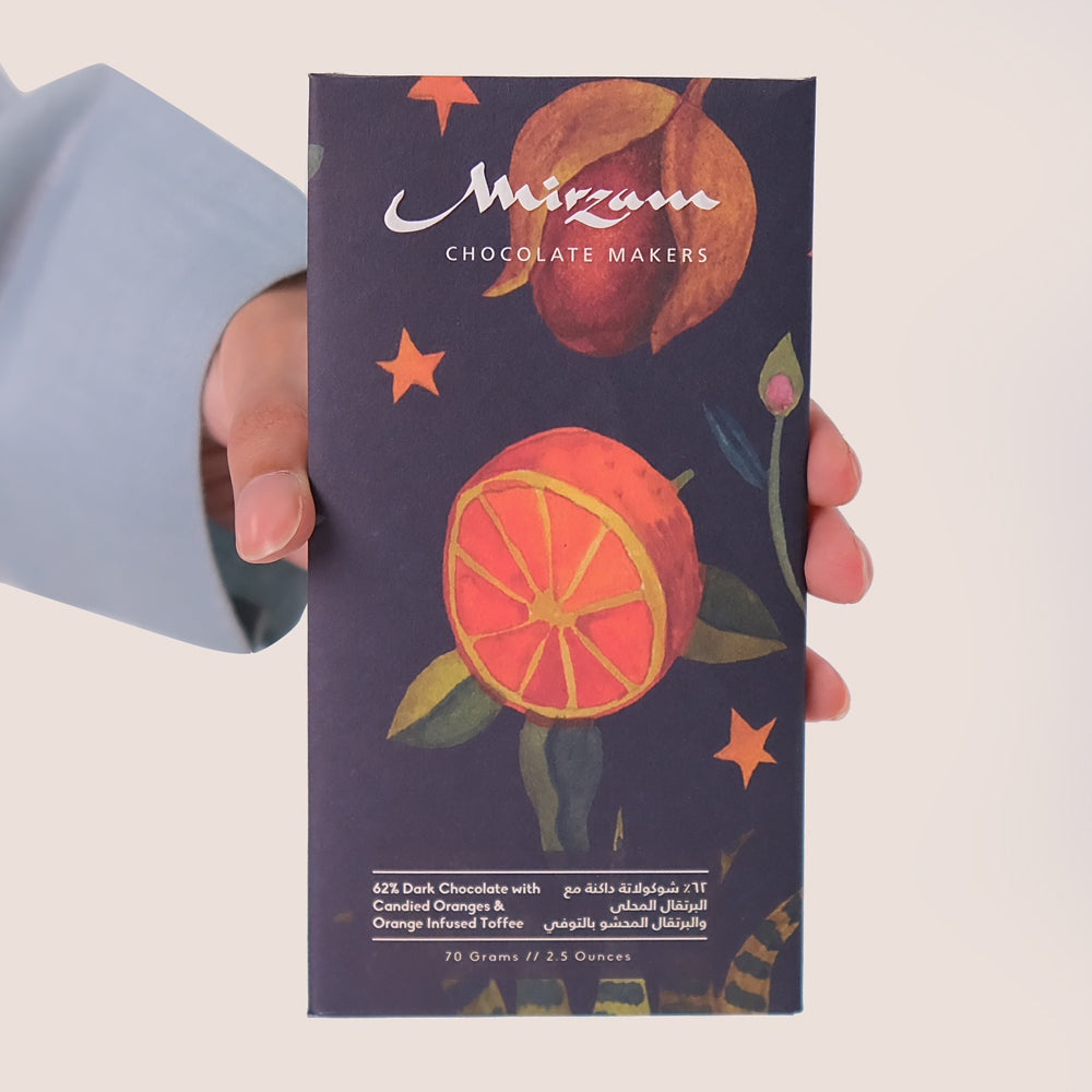 Mirzam 62% Dark Chocolate With Candied Oranges & Orange Infused Toffee