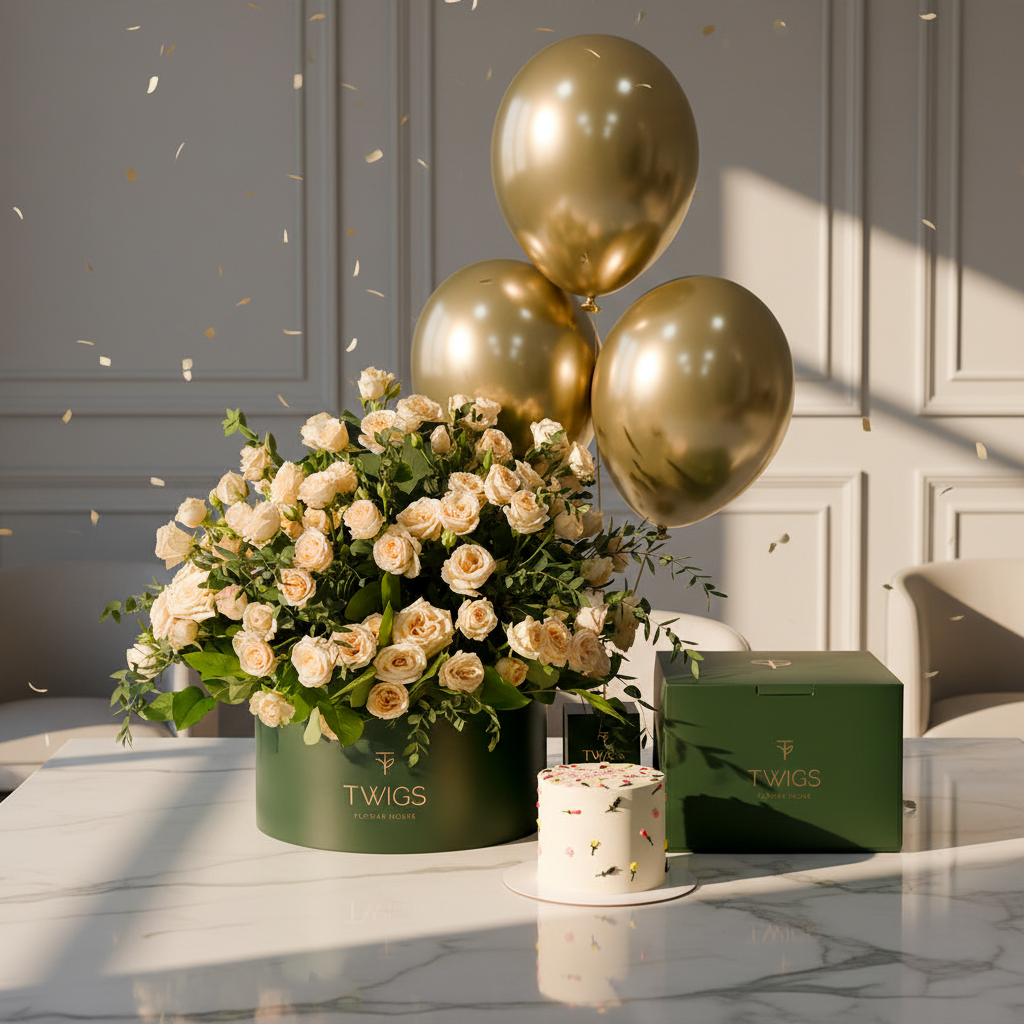 Cream Roses Flower Grande Round Box, Balloons & Birthday Cake Bundle Scene