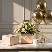 Cream Salinero Spray Roses Cube, Balloons & Birthday Cake Bundle Scene