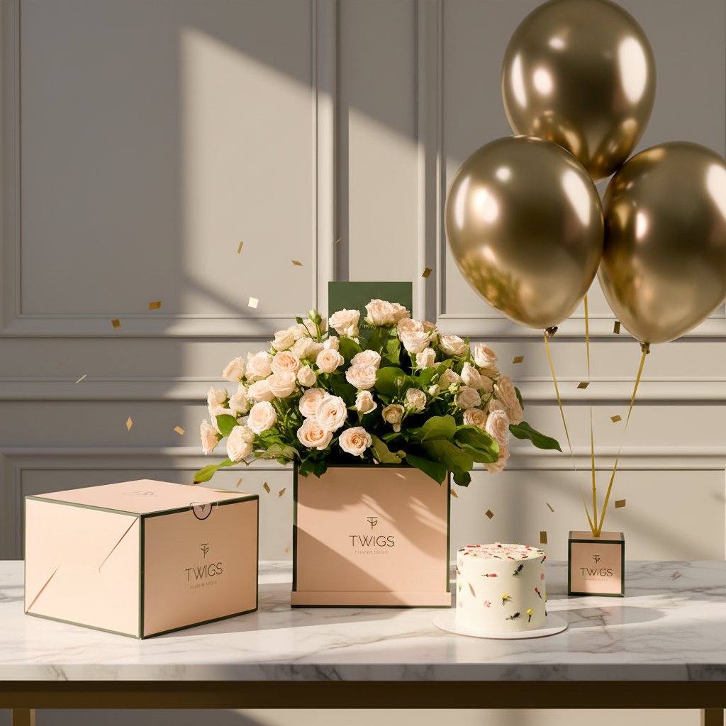 Cream Salinero Spray Roses Cube, Balloons & Birthday Cake Bundle Scene