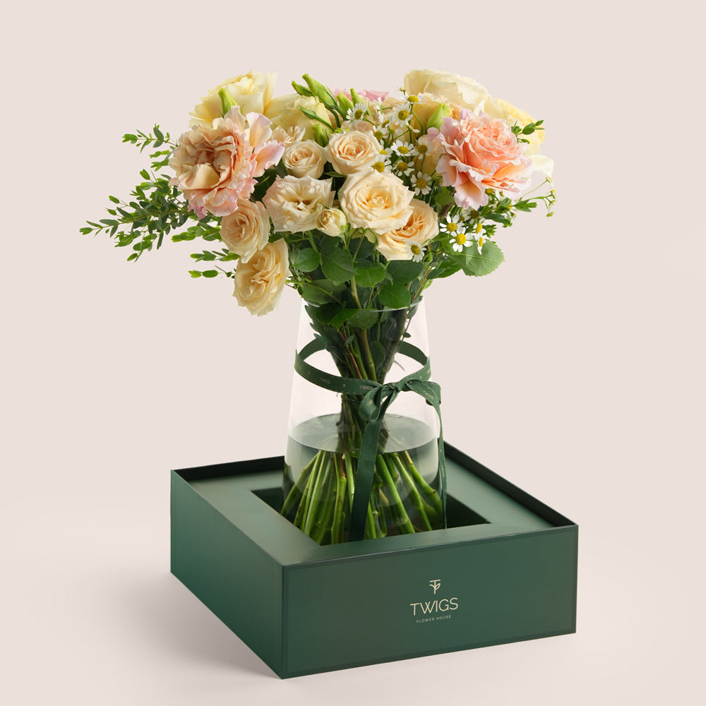 Safa & Truffles Tall Vase Arrangement & Premium Truffles · Petite Fours Assortment · Eid Al Adha Gift Set