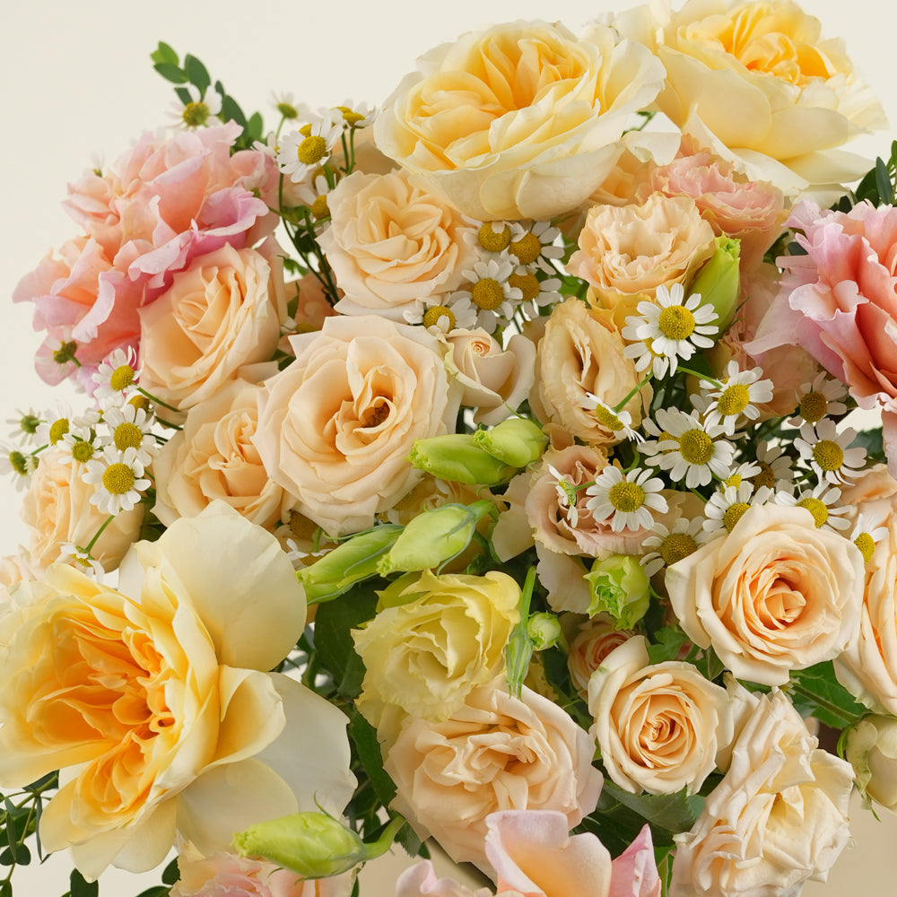 Safa صفا- Tall Vase Arrangement · Pastel Roses, Lisianthus & Chamomile