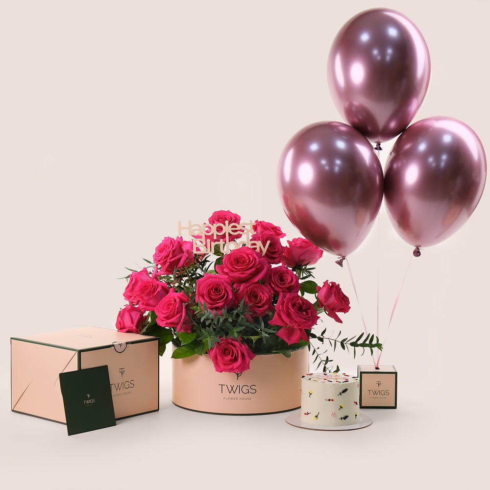 Birthday Delight Grande Round Box Bundle – Flowers, Cake & Balloons – A Complete Gift for Joyful Celebrations