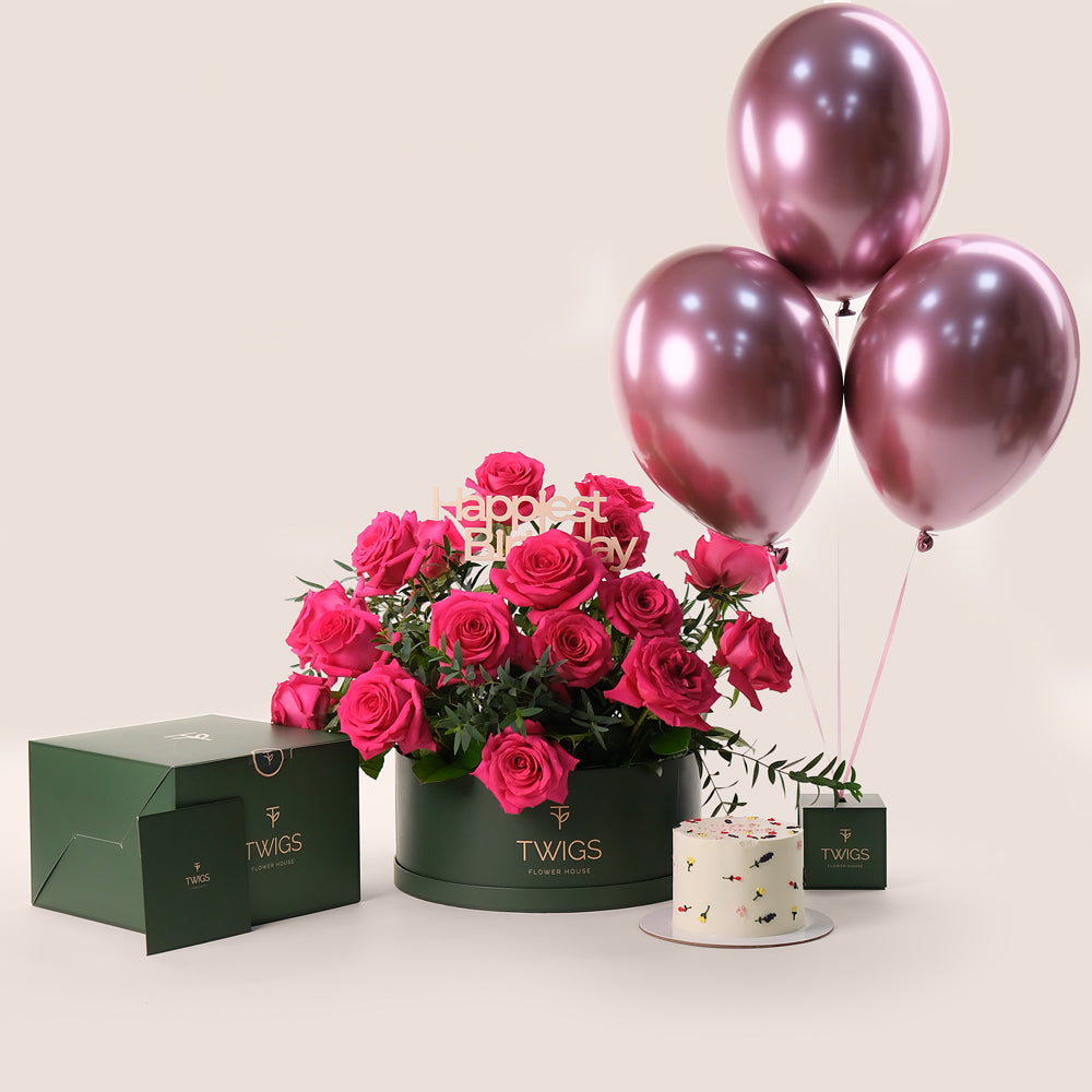 Birthday Delight Grande Round Box Bundle – Flowers, Cake & Balloons – A Complete Gift for Joyful Celebrations