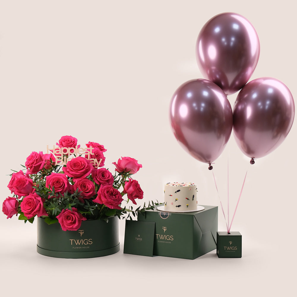 Birthday Delight Grande Round Box Bundle – Flowers, Cake & Balloons – A Complete Gift for Joyful Celebrations