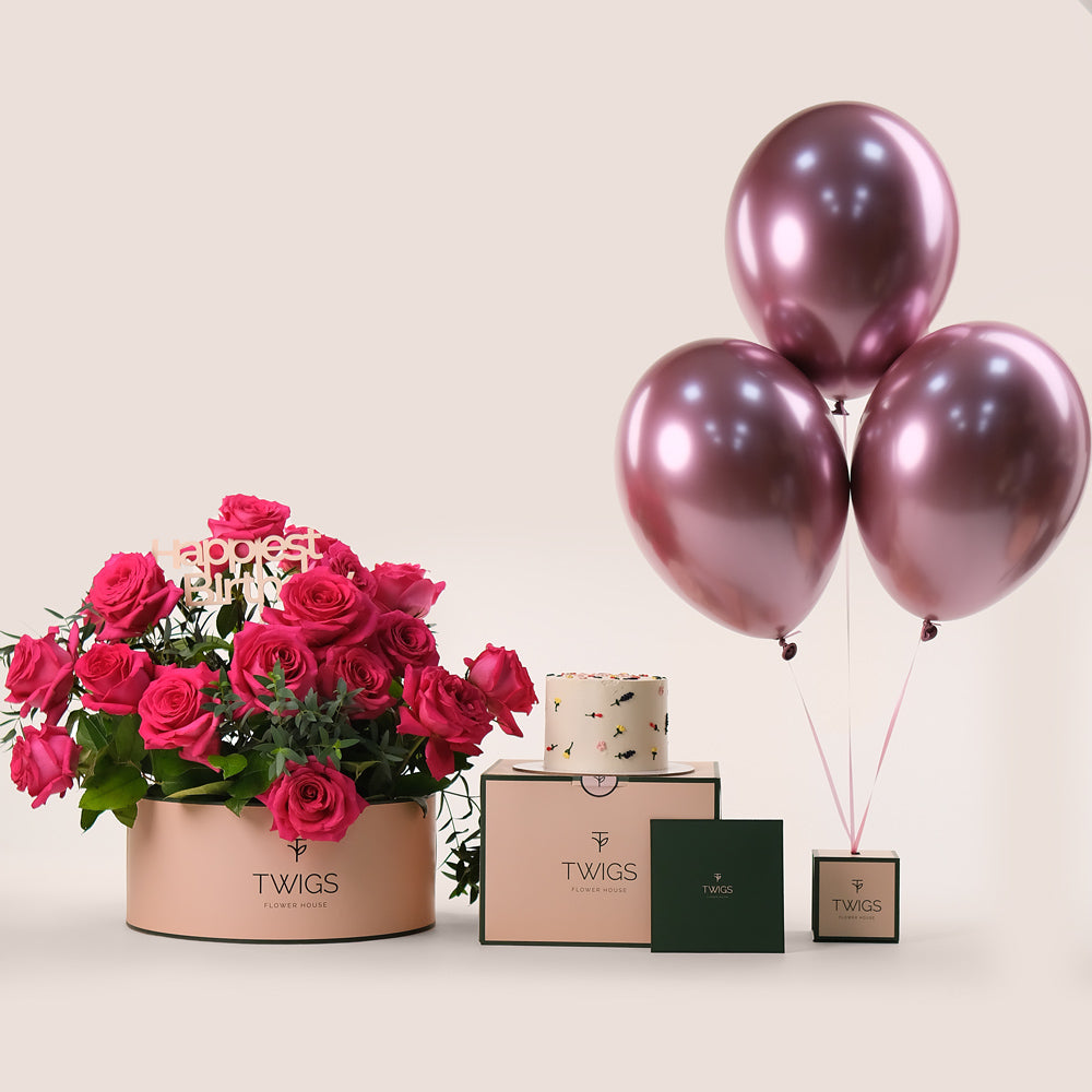 Birthday Delight Grande Round Box Bundle – Flowers, Cake & Balloons – A Complete Gift for Joyful Celebrations