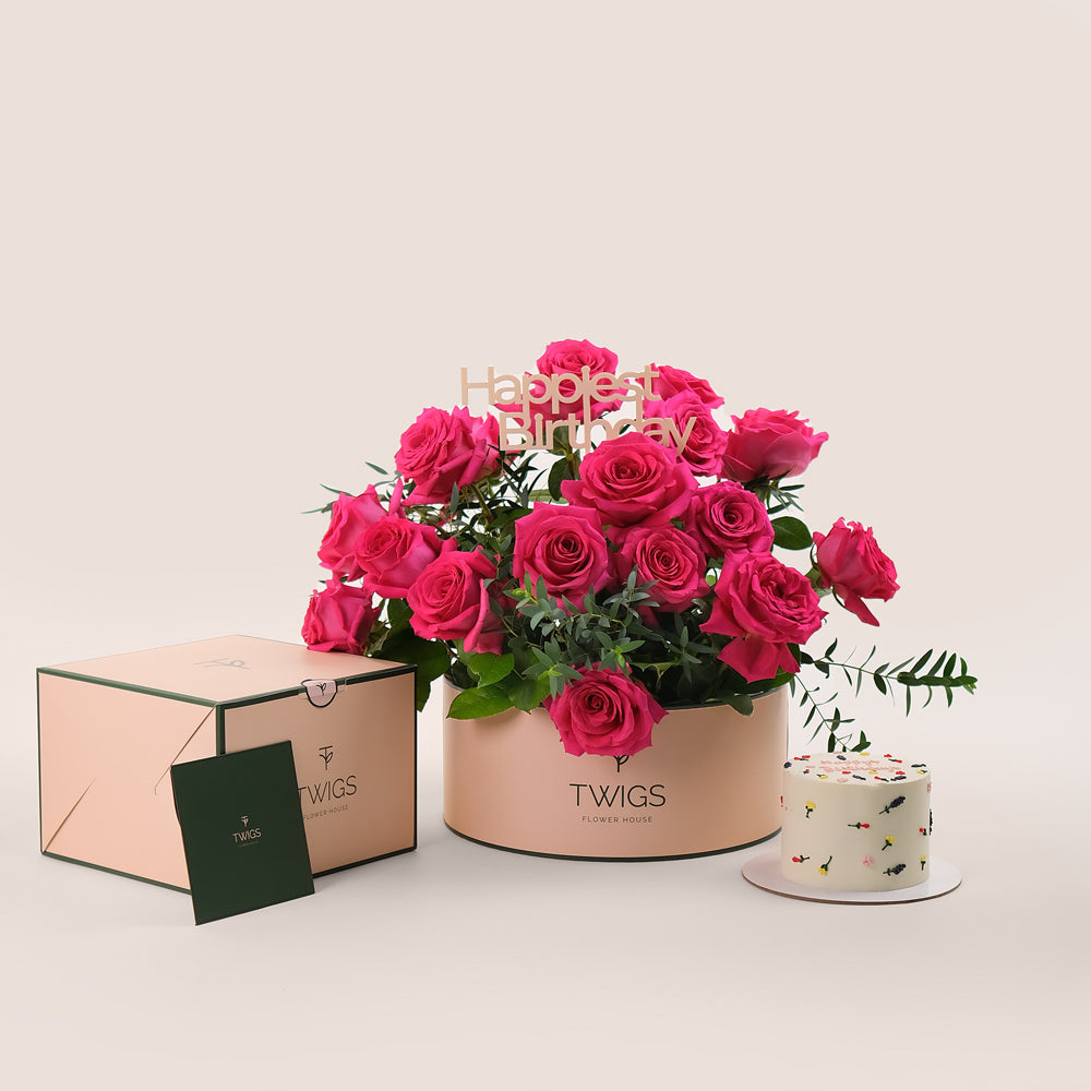 Grande Fuchsia Round Box Elegance Birthday Bundle – Roses & Flower Cake– Luxurious Gifting Made Easy