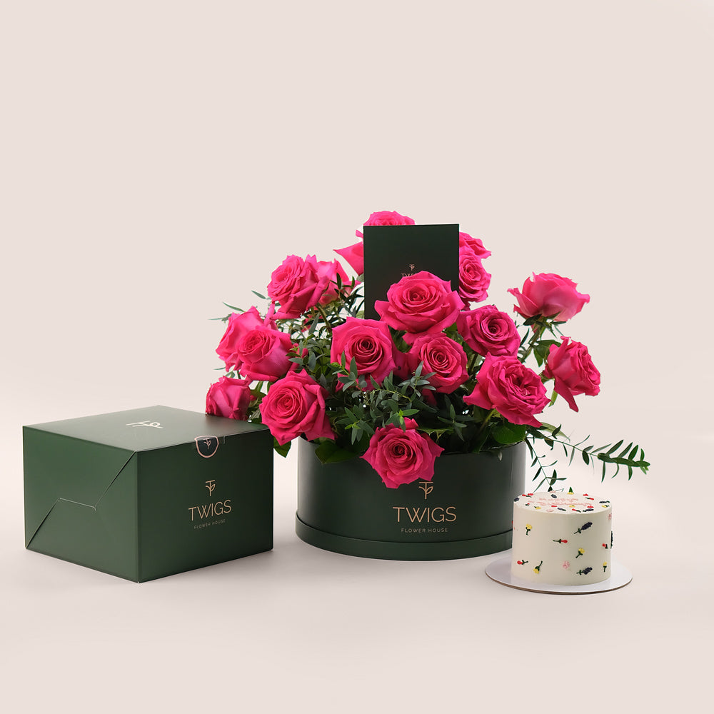 Grande Fuchsia Round Box Elegance Birthday Bundle – Roses & Flower Cake– Luxurious Gifting Made Easy