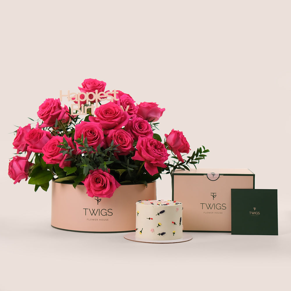 Grande Fuchsia Round Box Elegance Birthday Bundle – Roses & Flower Cake– Luxurious Gifting Made Easy