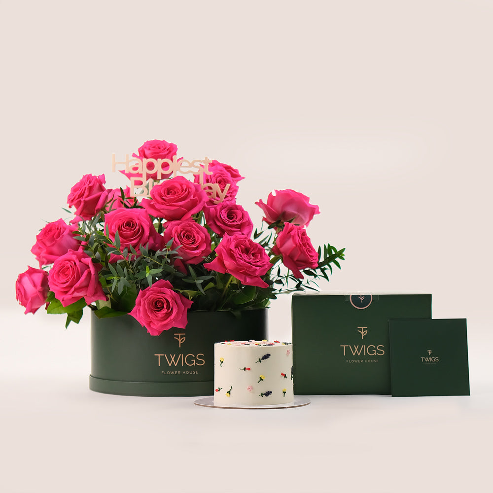 Grande Fuchsia Round Box Elegance Birthday Bundle – Roses & Flower Cake– Luxurious Gifting Made Easy