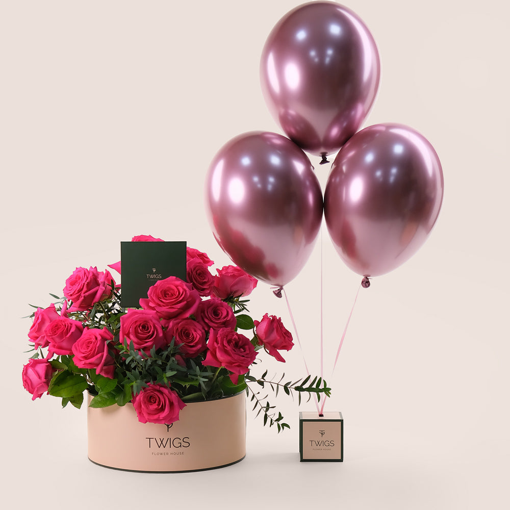 Grande Fuchsia Charm Round Box Bundle – Roses & Balloons– A Luxurious Gift with Fast Delivery