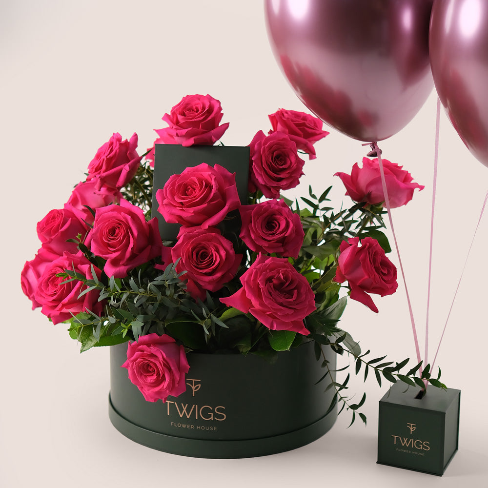 Grande Fuchsia Charm Round Box Bundle – Roses & Balloons– A Luxurious Gift with Fast Delivery