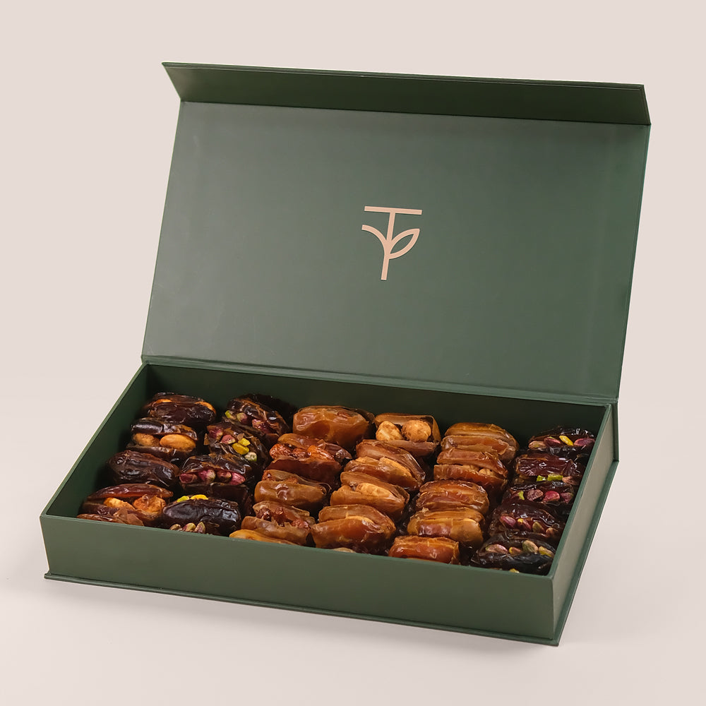 Premium Gourmet Stuffed Dates Gift Box – Assorted Cashew, Almond, Raspberry, Walnut & Hazelnut