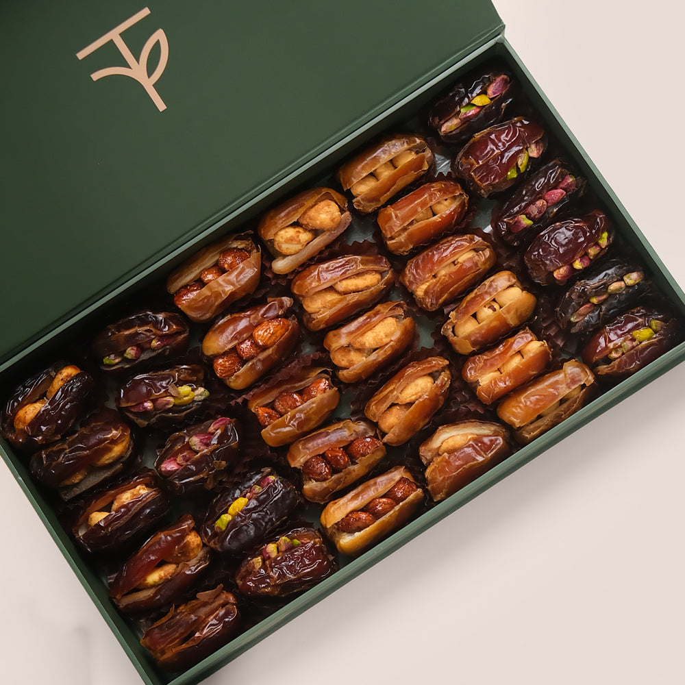 Premium Gourmet Stuffed Dates Gift Box – Assorted Cashew, Almond, Raspberry, Walnut & Hazelnut