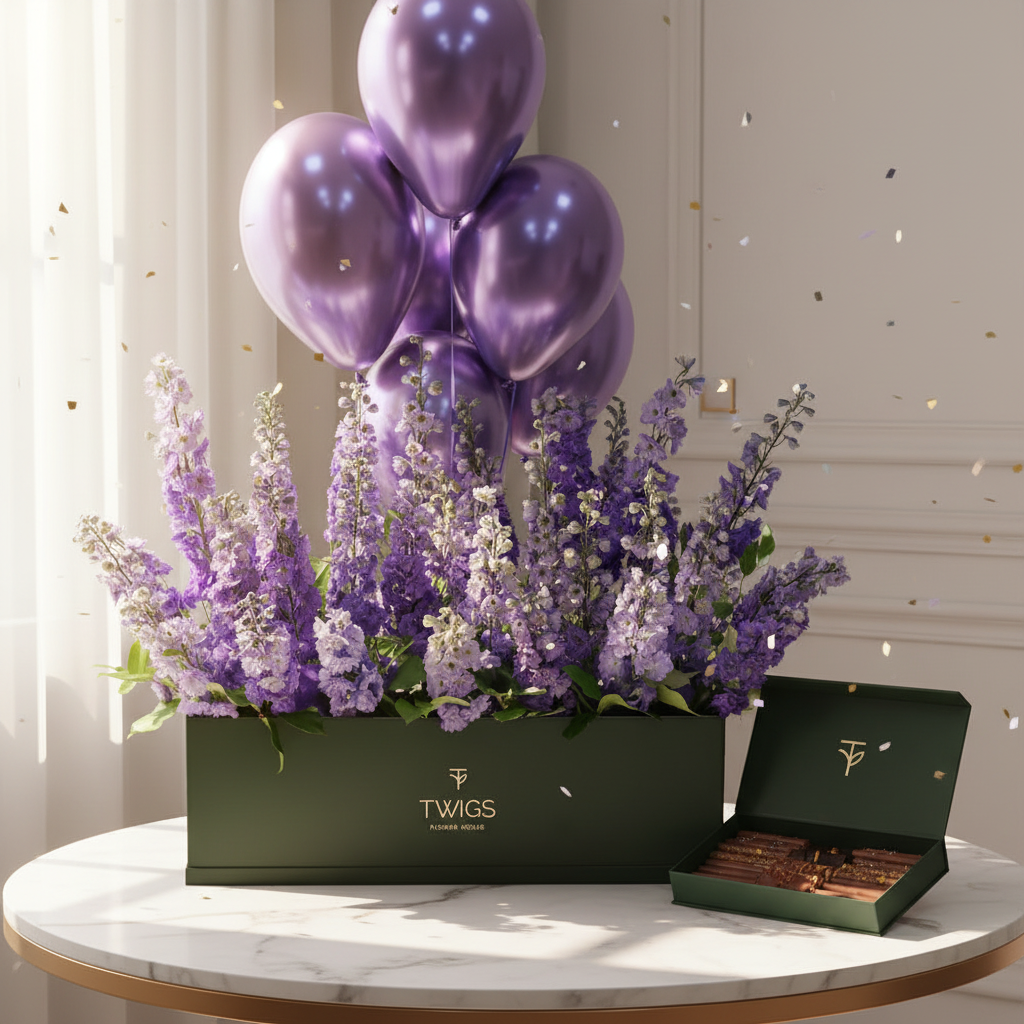 Delphinium Garden Box with Balloons & Artisan Chocolate on Marble Table