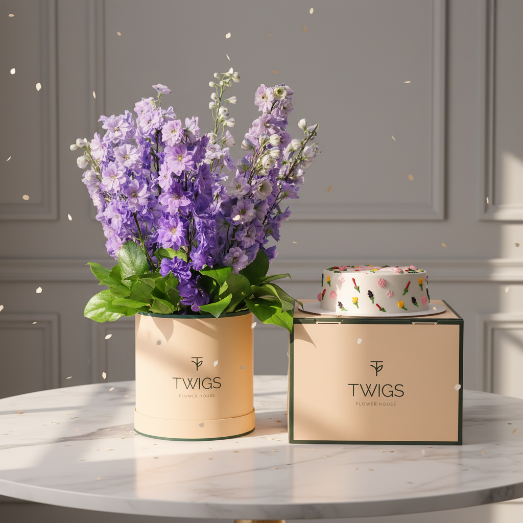 Delphiniums with Floral Birthday Cake Scene