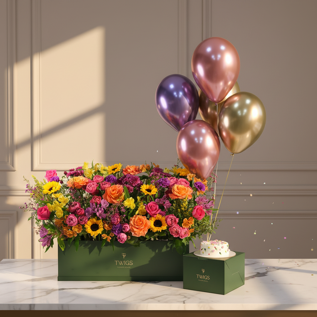 Festive Garden Box with Balloons & Birthday Cake on Marble Table